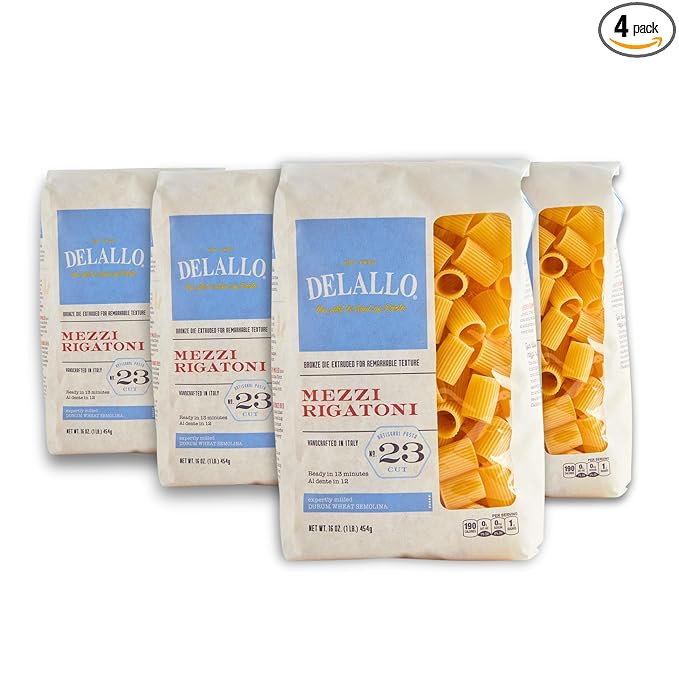 DeLallo Mezzi Rigatoni Pasta Made with Only 100% Durum Wheat Semolina Bronze Cut Made in Italy All Natural Non-GMO 4 Pack