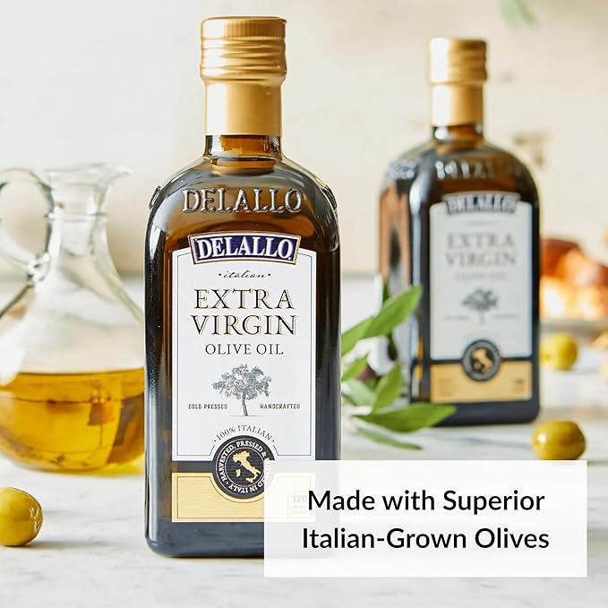 DeLallo Extra Virgin Olive Oil Made in Italy Made from Cold-Pressed Olives For Cooking and Baking Non-GMO Kosher Smooth Velvety Texture 33.8 oz Bottle (2 Pack)