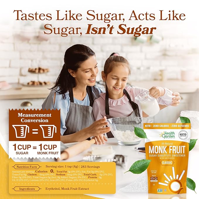 Health Garden Monk Fruit Sweetener Classic Sugar Substitute - 40oz Bag – 1:1 Monk Fruit Sugar Substitute with Erythritol Zero Calorie Monkfruit Sweetener for Baking and Coffee Keto Friendly Non-GM