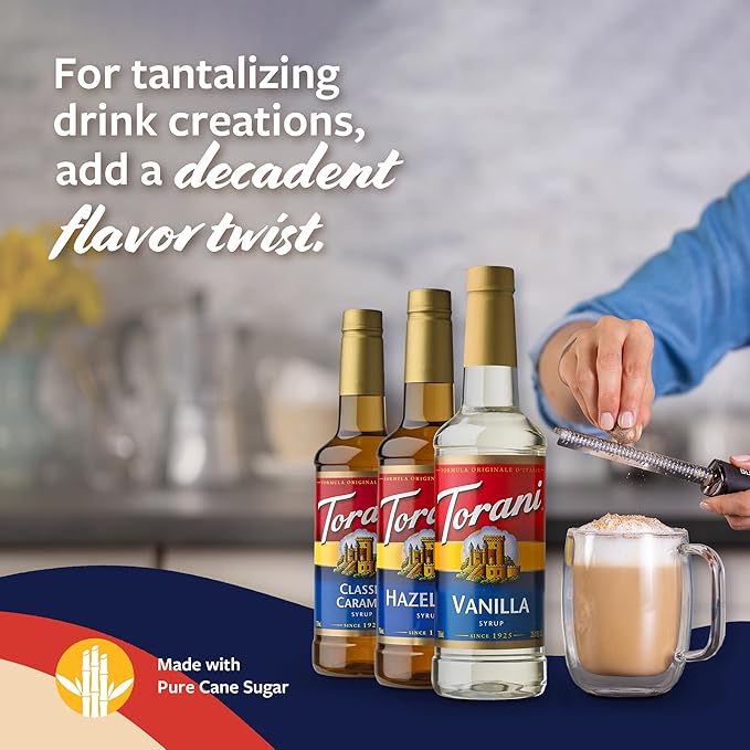 Torani Syrups Classic Caramel Hazelnut and Vanilla Syrup Variety 3-Pack Coffee Syrups for Drinks Pumps Included 25.4 Fl Oz Ea