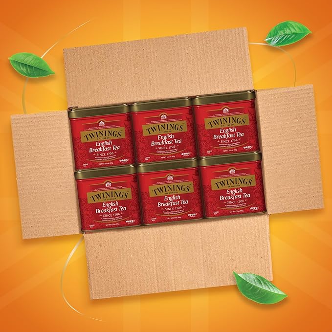 Twinings English Breakfast Loose Tea Tins 3.53 Ounce Tins (Pack of 6) Smooth Flavourful Robust Black Tea Leaves Caffeinated Enjoy Hot or Iced
