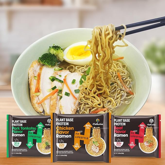 Hethstia High-Protein Instant Ramen Variety Pack (Chicken Beef Pork Tonkotsu) 6 Pack Non-Fried Ramen Broth 31g Plant-Based Protein Air-Dried Low Fat Non-GMO Egg-Free Dairy-Free Healthy Meal