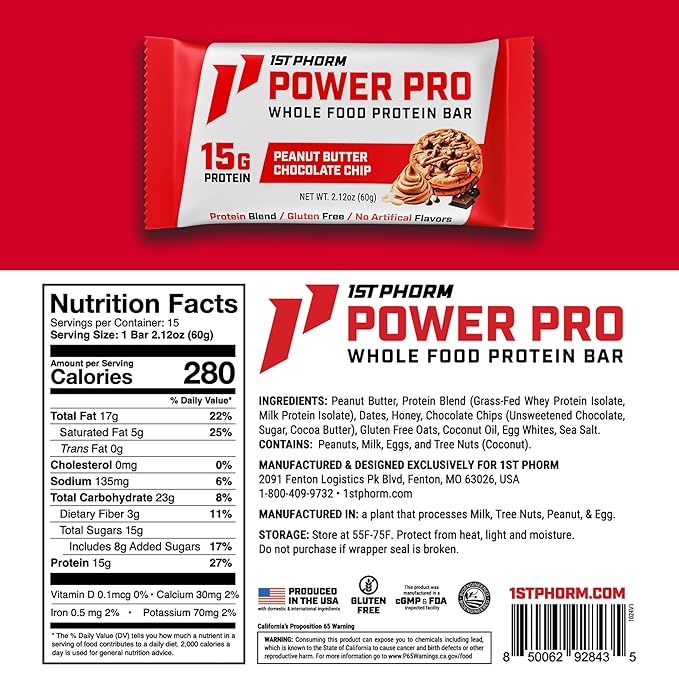1st Phorm Power Pro Protein Bars Peanut Butter Chocolate Chip Flavor 15G Whole Food Protein Gluten Free Snack Bars for on the Go or Pantry Snacks Made Without Artificial Flavors 15 Count