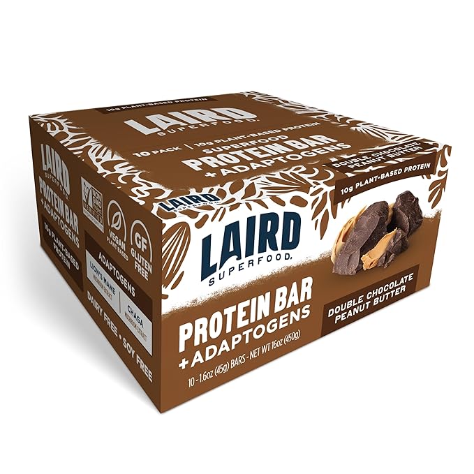 Laird Superfood Functional Protein Bars Protein Bar but Better with Real Ingredients Functional Mushrooms 10g Plant-Based Protein 6g Fiber Double Chocolate Peanut Butter 10 Count (Pack of 1)