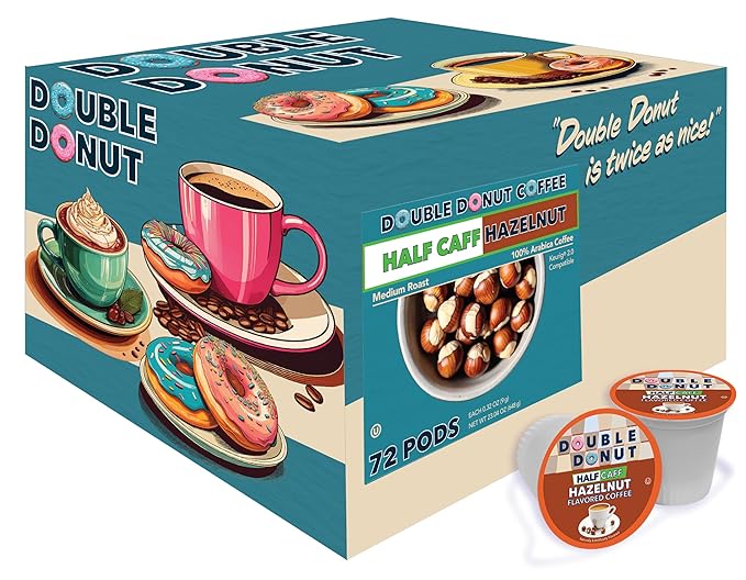 Double Donut Coffee Half Caff Hazelnut Flavored Coffee Pods Medium Roast Coffee Compatible with Keurig K Cups Brewers 72 ct