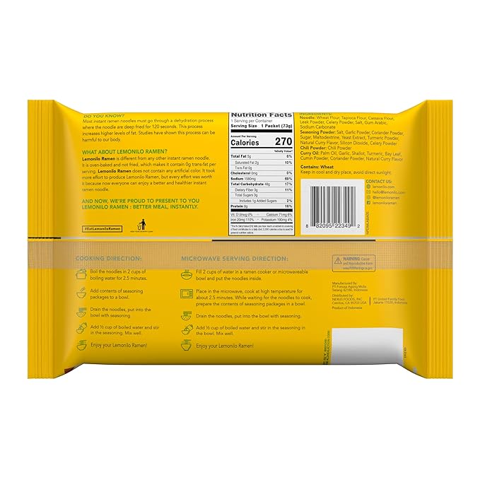 Lemonilo Ramen - Chick'n Curry Soup - Healthy Instant Ramen - Oven-Baked Noodles with Tumeric - Made with All-Natural Ingredients - Quick Meal Kit (2.57 Oz) - Pack of 24