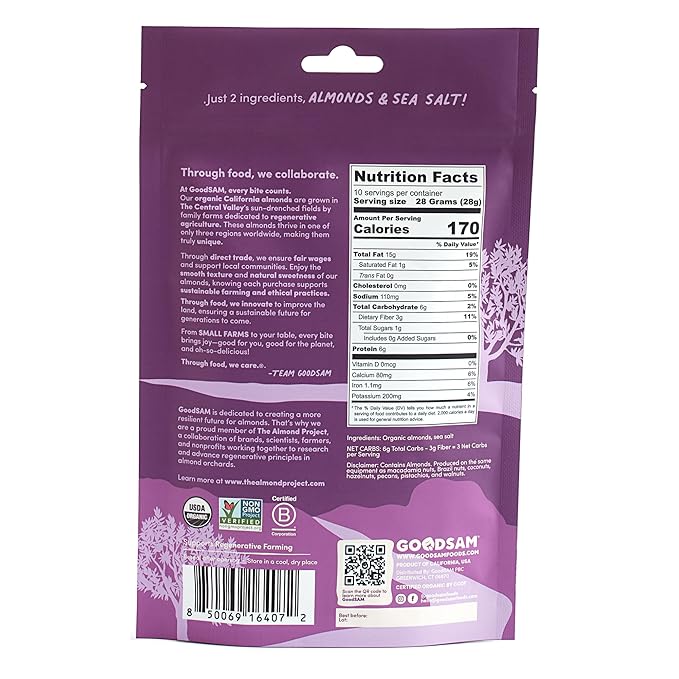 GoodSam Foods - Organic Roasted &amp Salted Almonds 1.25lbs (2x10z Bags) - Regeneratively Farmed California Almonds for Snacking Cooking and Baking
