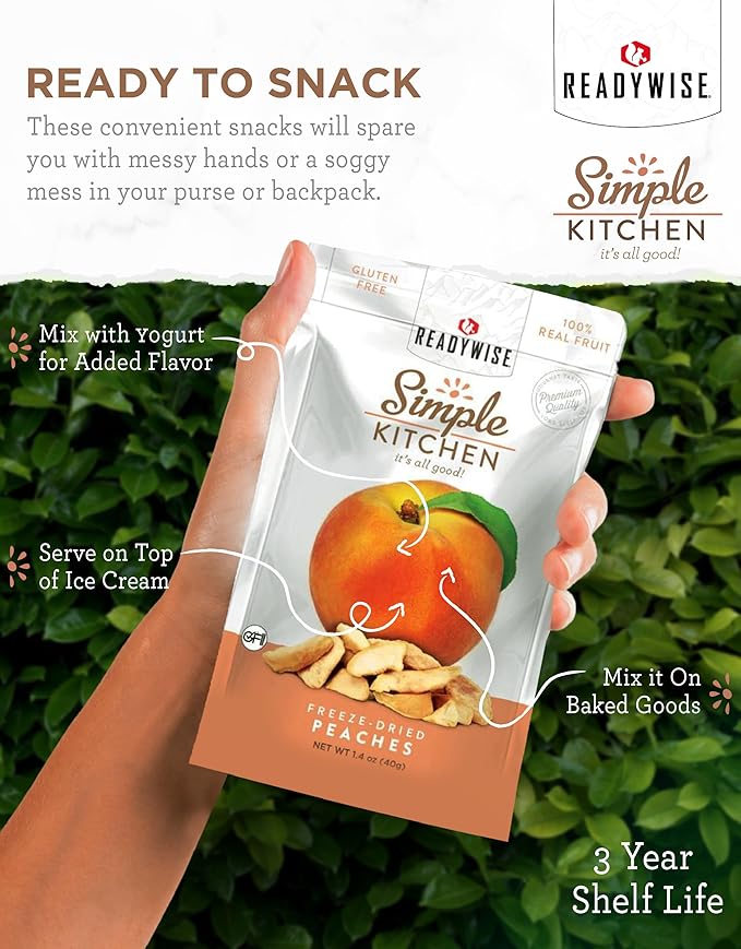 READYWISE - Simple Kitchen Freeze-Dried Peaches 1.16 oz Pack of 6 Vegetarian Gluten Free Snacks Peaches Dried Fruit Pre Workout Healthy Snacks Camping Backpacking Survival Food