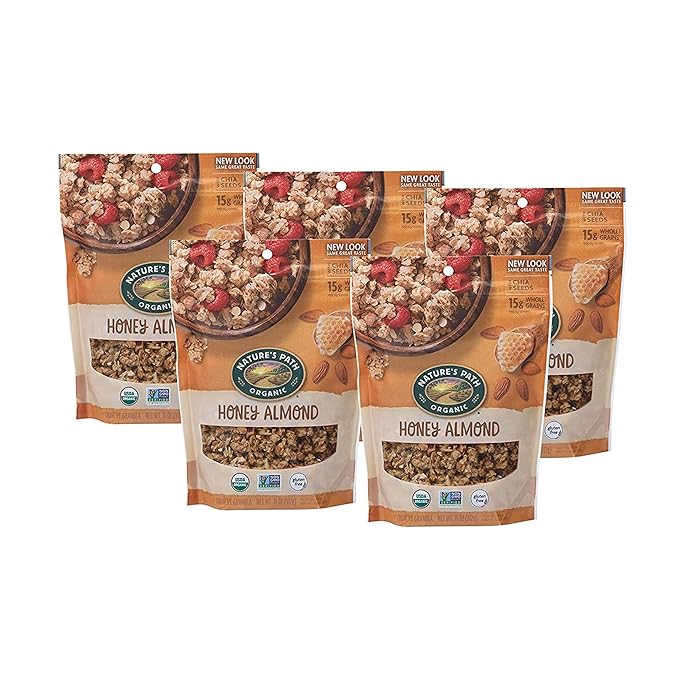 Nature's Path Organic Gluten Free Honey Almond Granola 11 Ounce (Pack of 5) Non-GMO 15g Whole Grains with Omega-3 Rich Chia Seeds