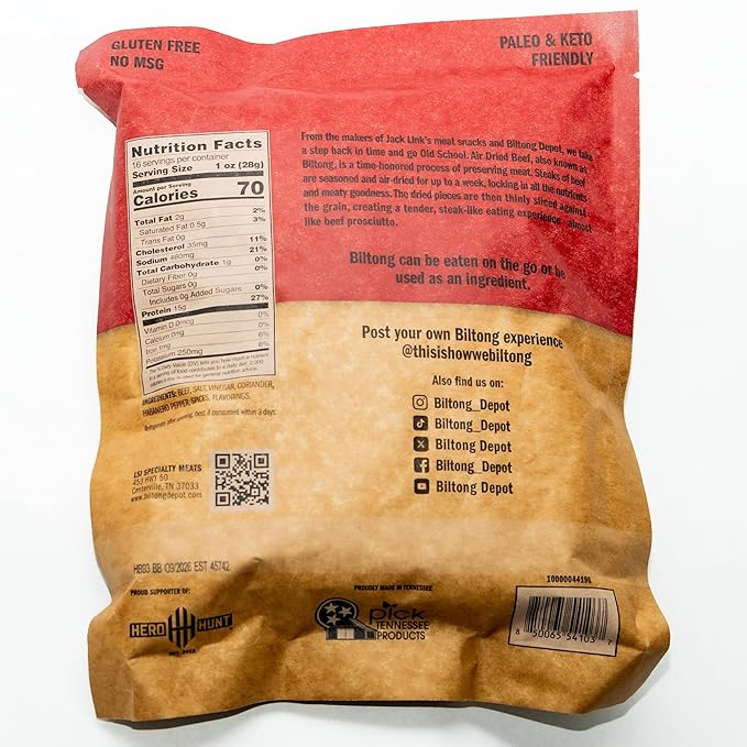 Biltong Depot Habanero Chili Biltong Slices - 1lb (16oz) | Air-Dried Beef Jerky Snack | High Protein | Paleo &amp Keto Friendly | Zero Sugar | Gluten Free | No Artificial Preservatives | No MSG