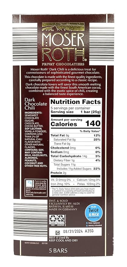 Premium Dark Chili Moser Roth Privat German Chocolate 4.4oz (125g) – Pack of 4