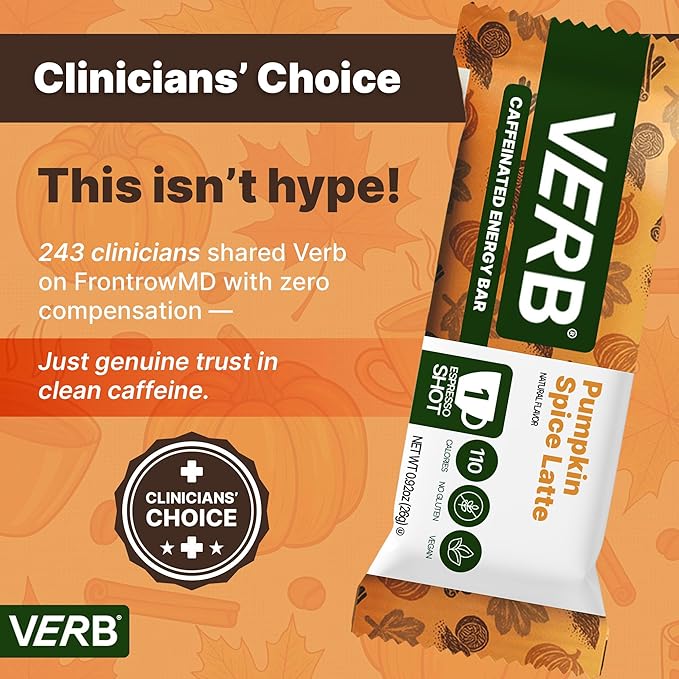 Verb Caffeinated Energy Bars Pumpkin Spice Latte (26g Pack of 16) 110-Calorie Delicious Low Sugar Energy Bar - Gluten Free On-the Go Snack with 80mg Green Tea Caffeine Only Real-Food Ingredients
