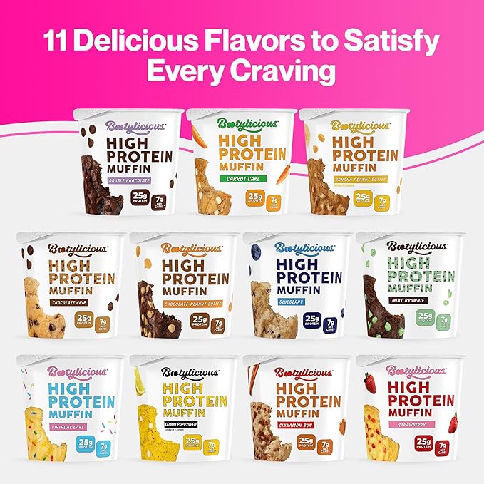 Bootylicious | 25g Protein Muffin | Birthday Cake | Low Carb 16g Fiber Low Glycimic Index Low Sugar 2.54oz Cup 12-Pack
