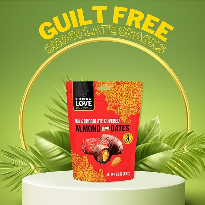 Kitchen &amp Love Milk Chocolate Covered Almond Stuffed Dates in a Convenient Resealable Pouch 8 Individually Wrapped Pieces Healthy Snack 3.5 oz pouch (Pack of 4)