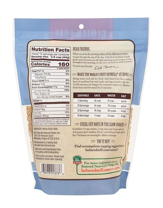Bob's Red Mill Gluten Free Steel Cut Oats 24oz (Pack of 4) - Gluten Free Non GMO Whole Grain Vegan Kosher
