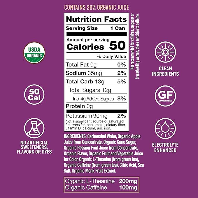 ARDOR ENERGY Natural Sparkling Energy Drink with 100mg Natural Caffeine &amp 200mg L-Theanine from Organic Green Tea for Smooth Energy &amp Focus | Healthy Energy Drink | Made with Real Fruit Juice