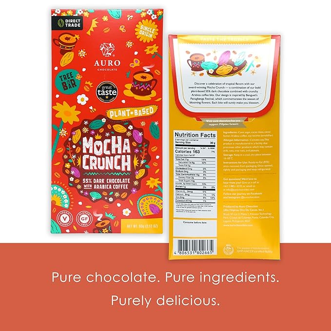Auro Mocha Crunch 55% Dark Chocolate 3 Pack - Filipino Chocolate - Premium Made At Origin Direct Trade Bean-to-Bar Woman Owned BIPOC Owned - Vegan Halal - Bundle