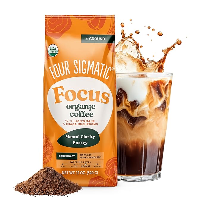 Four Sigmatic Focus + Balance Mushroom Coffee Bundle | Organic Ground Coffee with Lion's Mane Mushroom and Organic Coffee with Ashwagandha Chaga Mushroom Eleuthero and Tulsi | 12oz Bags