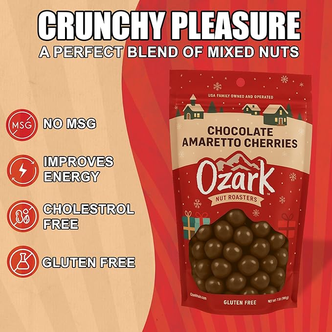OZARK NUT ROASTERS: Chocolate Amaretto Cherries Festive Seasonal Christmas Packaging World-Class Gourmet Milk Chocolate Coated Cherries Resealable Pack (7 oz)