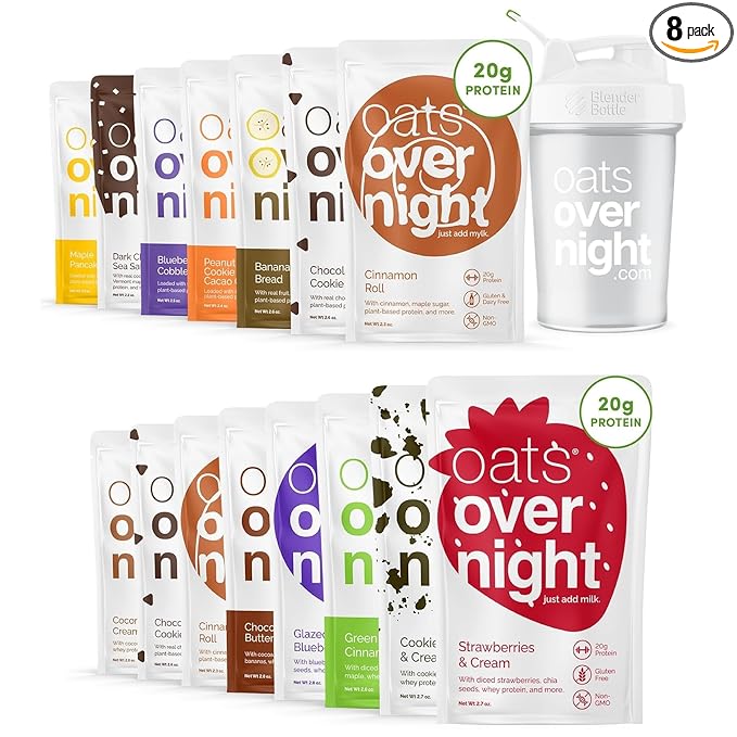 Oats Overnight Party Variety 8 Pack &amp Vegan Variety 8 Pack - 20g Protein High Fiber Breakfast Shake - Gluten Free Non GMO Oatmeal