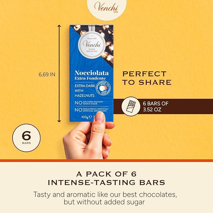Venchi - Set of 6 Extra Dark Hazelnut Bars 21.16 oz - NO Added Sugar - NO Artificial Sweeteners - Gluten Free - Vegan - Great Gift Idea