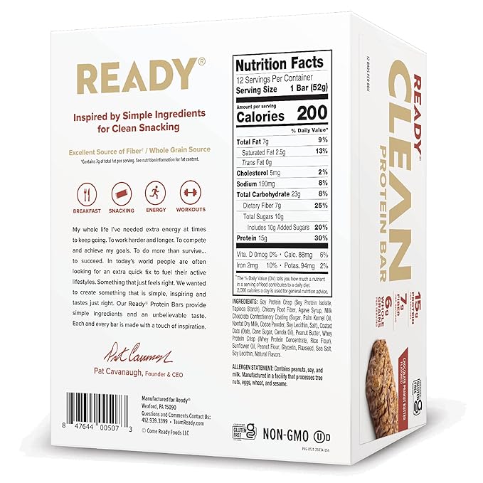 Ready® Protein Bars – High-Protein Snack with 15g Whey Protein With Flaxseeds and Omega-3s for Sustained Energy Supports Lean Muscle and Recovery – Chocolate Peanut Butter 12CT