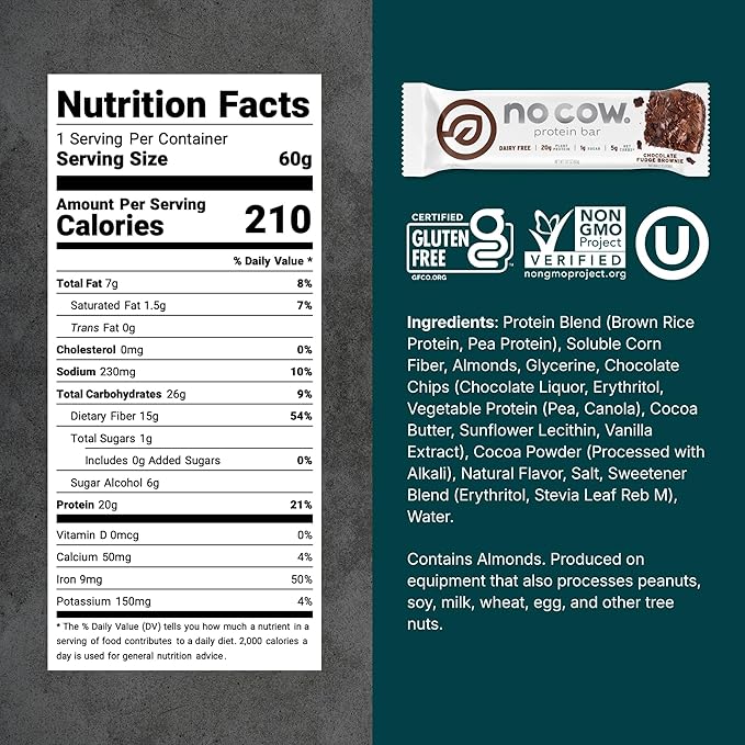 No Cow Vegan Protein Bars Upgraded Chocolate Fudge Brownie | 20g Plant Based Protein Gluten Free Dairy Free Soy Free Keto Friendly Low Sugar High Fiber Snack Bars | Pack of 12