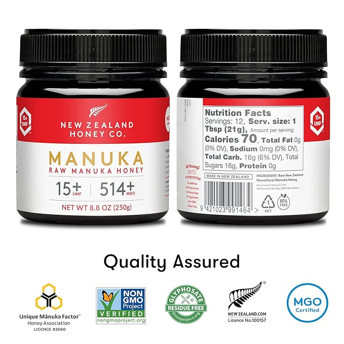 New Zealand Honey Co. Manuka Soothing Drops Lemon MGO 250+ (16 Count) + Raw Manuka Honey UMF 15+ MGO 514+ (8.8oz/250g)