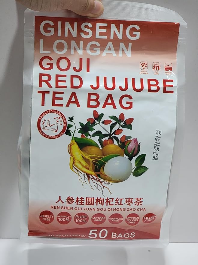 100% Pure Natural Herbal Tea Ginseng Longan Goji Tea Bag 300g/10.58oz (6g*50bags) REN SHEN GUI YUAN GOU QIHONG ZAO CHA Goji Brown Sugar Red Bean Peanut Caffeine Free No Additives Non-GMO