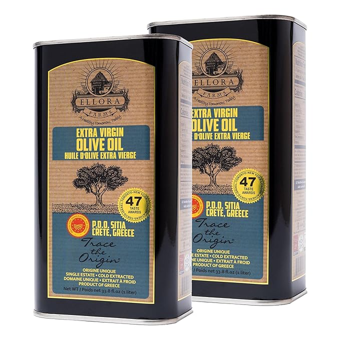Ellora Farms Greek Extra Virgin Olive Oil Certified PDO SITIA Single Estate Crete High in Phenols Cold Press &amp Traceable EVOO Greece Kosher 1 Lt Tin (33.8 oz.) X 2 Pack