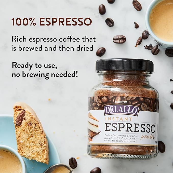 DeLallo Instant Espresso Powder For Baking and Drinks100% Dark Roast Coffee Naturally Caffeinated Kosher Vegan Non-GMO Peanut Free 1.94 oz Jar (3 Pack)
