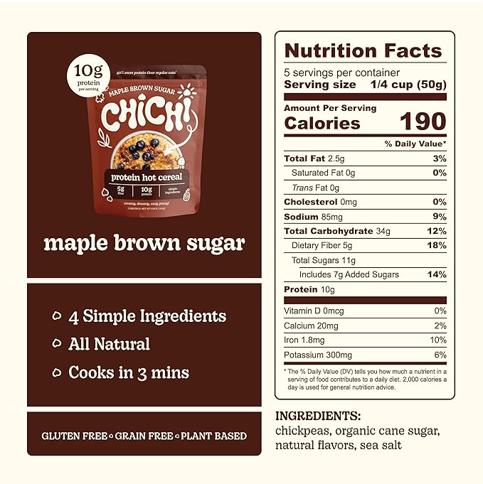 ChiChi – Protein Hot Cereal | Maple Brown Sugar (8.8 oz x 4 pouches 20 servings) —Made with Chickpeas Protein-packed (10g) High Fiber Made with Simple Ingredients Grain Free Gluten Free Vegan