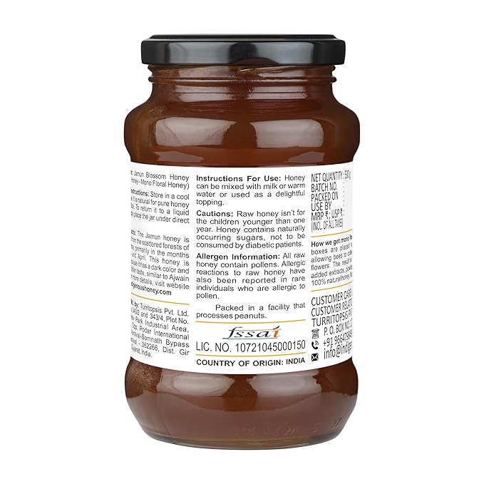 INDIGENOUS HONEY Jamun Honey Raw Organic Natural Pure Unprocessed NMR Tested Unpasteurized Unheated 530g Glass Jar Pack of 1