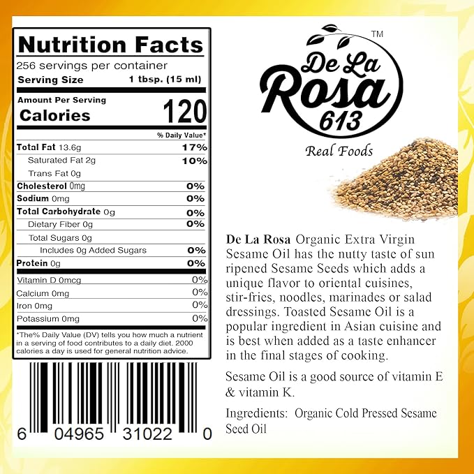 De La Rosa Organic Sesame Oil Cold Pressed &amp Unrefined Vegan Kosher Non-GMO &amp Gluten Free Great for Salad Dressings Marinades &amp More | 1 Gallon (Pack of 1)
