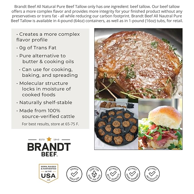 Brandt Beef Tallow – 100% Pure Beef Tallow for Cooking | 16 oz (1 lb) Tub Beef Tallow for Deep Frying | High Smoke Point | No Additives or Preservatives | Sustainably Sourced | Family-Owned Ranch USA