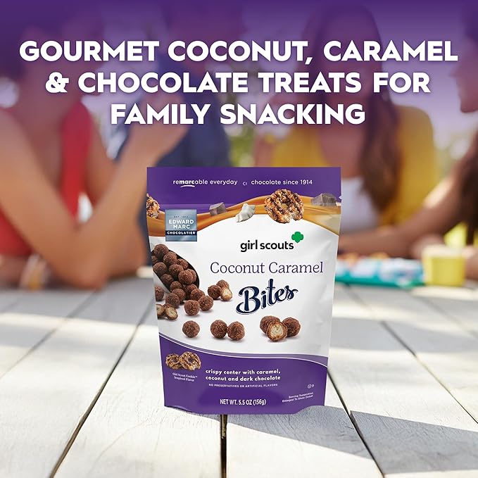 Edward Marc Girl Scouts Coconut Caramel Bites - Inspired by Girl Scout Cookies Crispy Coconut and Dark Chocolate - 5.5 oz Resealable Bag - Gourmet Chocolate Gift - Pack of 10