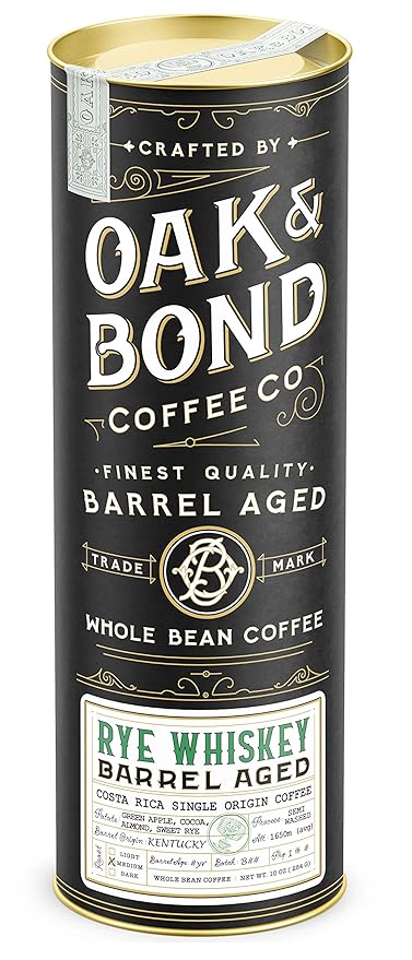 Rye Whiskey Barrel Aged Coffee Costa Rica Single Origin Small Family Farm Whole Coffee Bean Medium Roast w/Flavor Notes of Cocoa Almond Sweet Rye Green Apple by Oak &amp Bond Coffee Co. – 10oz.