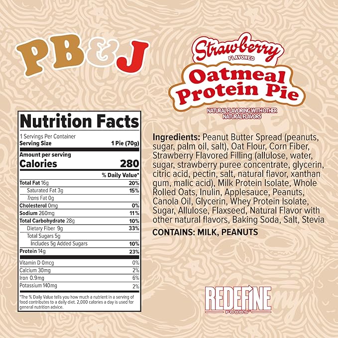 Redefine Foods Oatmeal Protein Pie Peanut Butter &amp Jelly - 8 Count - 14g of Protein Per Serving - Non-GMO