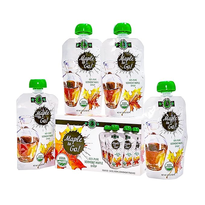 Maple to Go! - Pure Organic Vermont Maple Syrup Packets - Small Maple Syrup Bottles with Resealable Twist Cap| Ideal for Hiking Camping Traveling and Kitchen Use - Pack of 4
