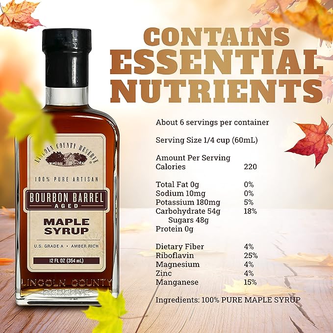 Lincoln County Reserve Bourbon Maple Syrup Made in USA | Bourbon Barrel Aged. Grade A Amber Rich Taste in Sustainable 12oz Glass Bottle. Gluten Free for Pancakes and Waffles