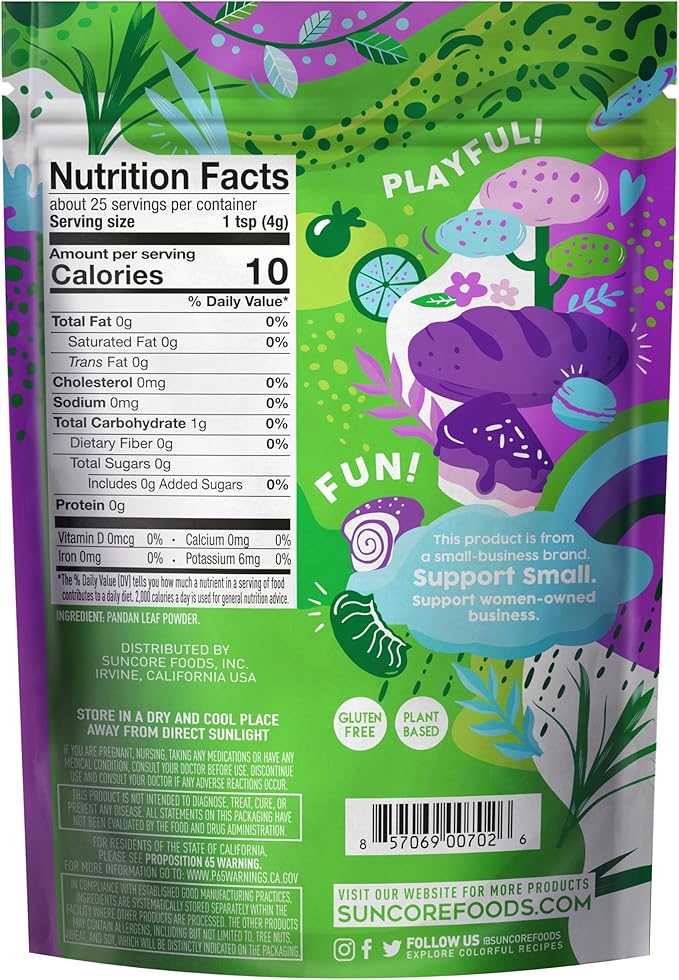 Suncore Foods Emerald Pandan Leaf Powder Natural Green Food Coloring Powder Gluten-Free Non-GMO 3.5oz 1 Pack