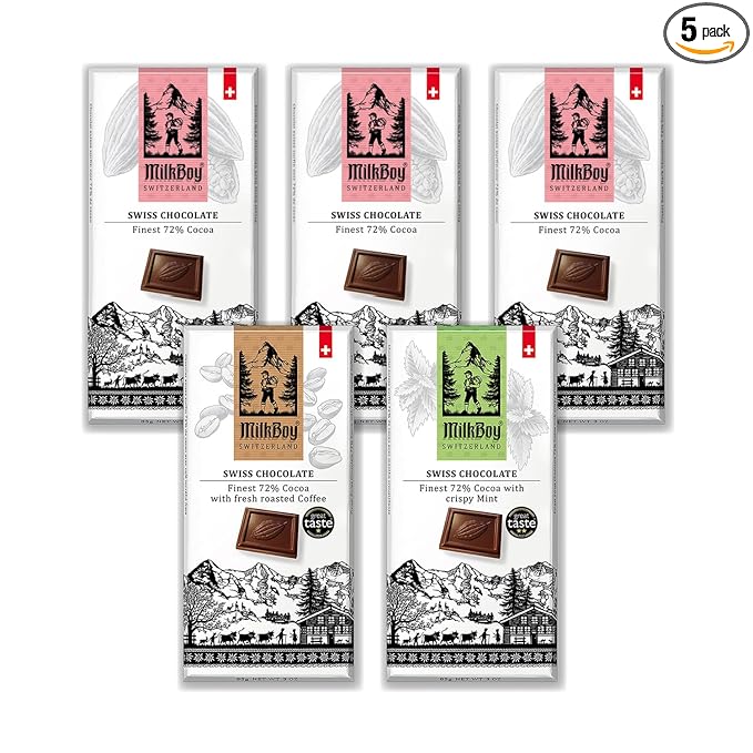 Milkboy Swiss Chocolates 72% Dark Chocolates Variety Pack - Chocolate Bars - Crafted in Switzerland - All Natural Sustainably Farmed Cocoa - Gluten &amp GMO Free Vegan - 3 oz (Pack of 5)
