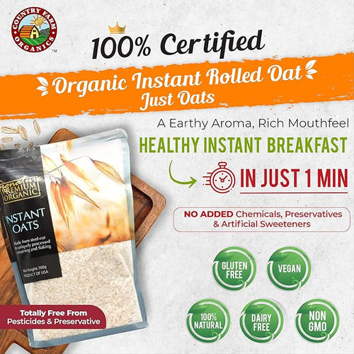6 Packs Gluten-Free Organic Oat 500g by country farm. 3 Packs Rolled Oats &amp 3 Packs Instant Oats. USDA Organic. Great for Daily Breakfast Baked Goods &amp Snacks