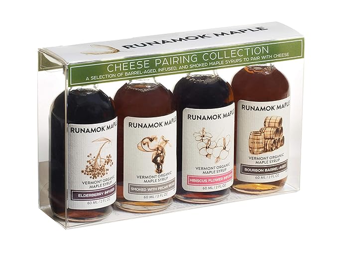 Runamok Organic Vermont Maple Syrup Sampler | Cheese Pairing Collection | 2 oz (4 count) | 60mL | Barrel-aged Infused and Smoked Organic Maple Syrup Varieties