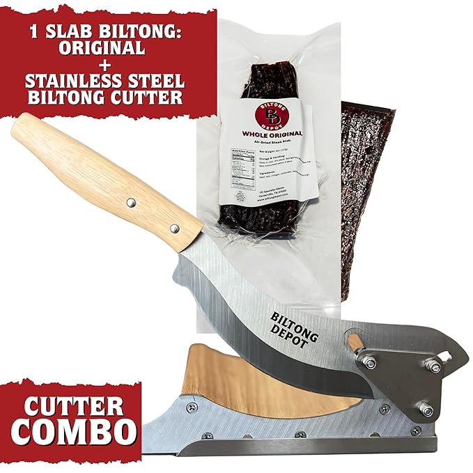 Biltong Depot Stainless Steel Biltong Cutter + Original Biltong Slab (8oz) | Gift Pack | Air-Dried Beef Jerky Snack | High Protein | Keto &amp Paleo Friendly | Zero Sugar | Gluten Free | No Artificia