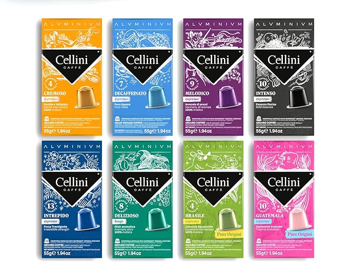 Cellini Caffè Mixed Variety Aluminum Nespresso Pods 8 Distintive Italian Flavors 100% Nespresso Original Machine Compatible 80 Count Medium to Strong Roast Coffee Capsules