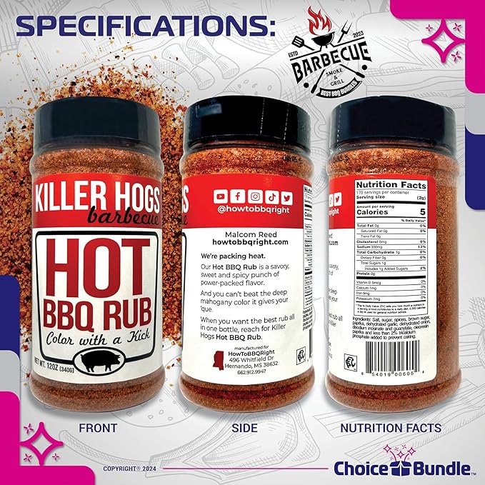 Killer Hogs Hot BBQ Rub Premium Barbecue Rub &amp Seasoning 3 pk (36 oz) + Guide &amp Bottle Opener (5 Items)!