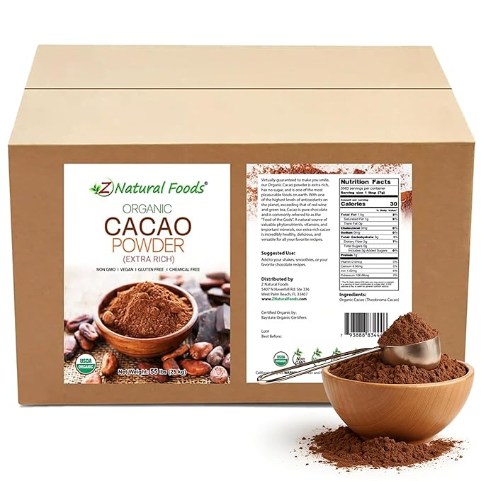 Premium Organic Cacao Powder - 55 lbs - Extra Rich - The Essence of Dark Chocolate - Product of Switzerland - 100% Pure Cold-Pressed Vegan Non GMO Gluten Free Kosher