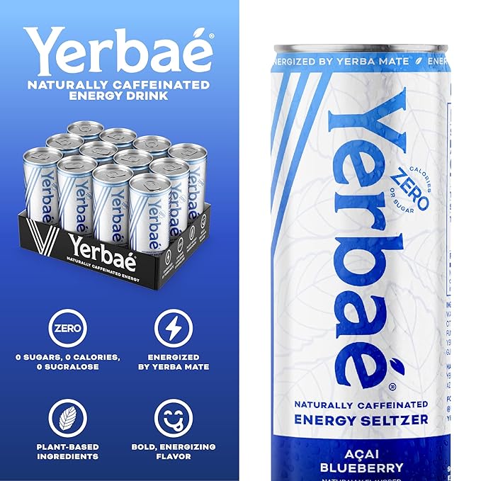 Yerbaé Energy Seltzer - Acai Blueberry No Sugar/Calories/Carbs. Energized by Yerba Mate Naturally Caffeinated Plant-Based Healthy Alternative to Coffee Sugary Sodas Pack of 12 12oz cans