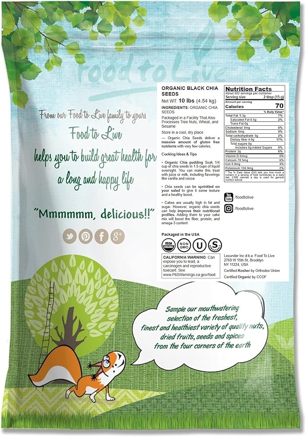 Food to Live - Organic Black Chia Seeds 10 Pounds Non-GMO Whole Sproutable Vegan Kosher Keto Sirtfood Bulk. Rich in Essential Fatty Acids Fiber Protein.